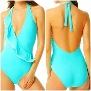 NEW Carmen Marc Valvo Ocean Wave V-neck ruffled Swimsuit size 10